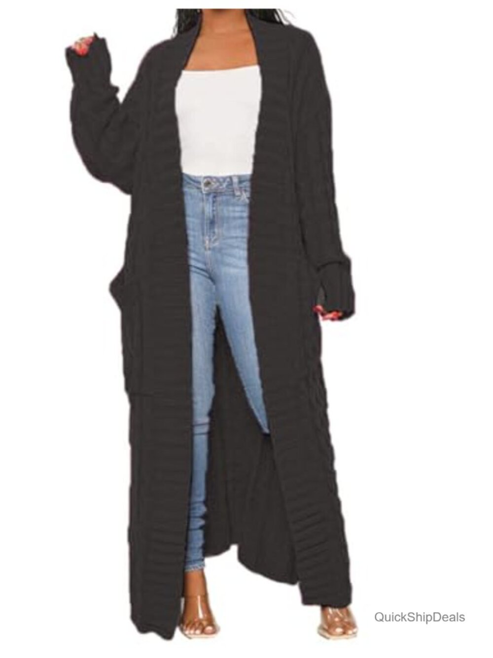 Women's Long Knit Cardigan Open Front Side Pockets Loose Oversized Sweater